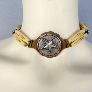 Western Texas Star Choker Necklace Cowgirl Leather Plastic Beads Adjustable